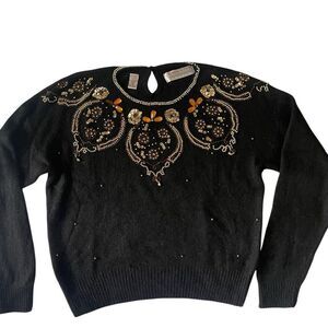 Karen Scott vintage black embelished crew sweater silk &angora‎ blend sz P L